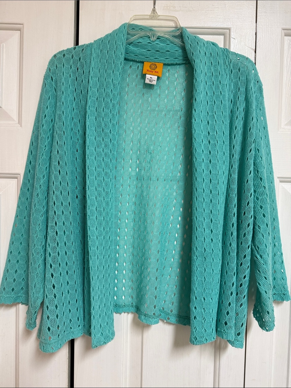 Ruby Rd. Open-Knit Teal Cardigan Sweater